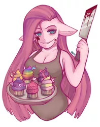 Size: 1408x1783 | Tagged: ambiguous facial structure, anthro, artist:midnightcoffeerun, blood, breasts, cleavage, cleaver, cupcake, derpibooru import, fanfic:cupcakes, implied murder, knife, pinkamena diane pie, pinkie pie, rainbow cupcake, semi-grimdark, sharp teeth, solo