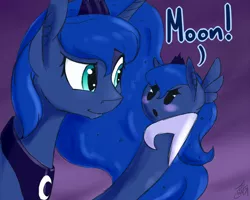 Size: 1024x819 | Tagged: angry, artist:tlatophat, blob, blob ponies, blushing, chibi, chubbie, cute, derpibooru import, dialogue, glare, hoof hold, moon, :o, princess luna, raised eyebrow, safe, smiling, solo, too many ponies