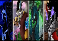 Size: 842x595 | Tagged: antagonist, artist:blazemizu, derpibooru import, discord, king sombra, nightmare moon, queen chrysalis, safe, wrong aspect ratio