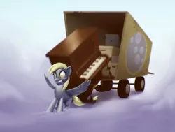 Size: 1600x1210 | Tagged: safe, artist:moonlitbrush, derpibooru import, derpy hooves, pegasus, pony, comic:derpy deliveries, air wagon, cloud, cloudy, delivery, female, mare, oops my bad, piano, safe (object), scene interpretation, solo, spread wings, truck