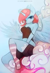 Size: 751x1100 | Tagged: alicorn, alicorn oc, anthro, anthro oc, artist:foxinshadow, breasts, clothes, cloud, cloudy, derpibooru import, female, oc, oc:skyfall, socks, solo, solo female, striped socks, suggestive, unofficial characters only