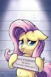 Size: 1000x1500 | Tagged: arrested, artist:tadashi--kun, belly button, crying, derpibooru import, duckface, floppy ears, fluttershy, looking at you, mugshot, pouting, sad, safe, solo