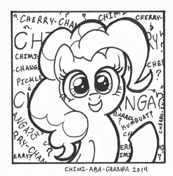 Size: 885x900 | Tagged: safe, artist:abronyaccount, derpibooru import, pinkie pie, chimicherrychanga, lineart, monochrome, solo