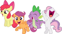 Size: 1519x826 | Tagged: safe, artist:cheezedoodle96, derpibooru import, apple bloom, scootaloo, spike, sweetie belle, dragon, earth pony, pegasus, pony, unicorn, .svg available, adorabloom, balancing, bipedal, bow, cheering, cute, cutie mark crusaders, female, filly, friendshipping, happy, jumping, nose in the air, open mouth, raised leg, simple background, svg, tongue out, transparent background, uvula, vector