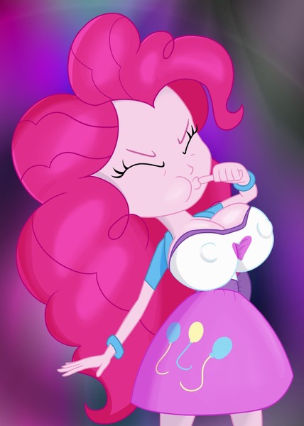 Size: 855x1200 | Tagged: questionable, artist:ohohokapi, deleted from derpibooru, derpibooru import, pinkie pie, equestria girls, breast expansion, breasts, busty pinkie pie, cleavage, erect nipples, female, growth, inflation, nipple outline, pinkie being pinkie, solo, solo female