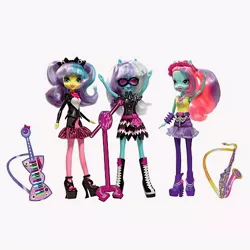 Size: 500x500 | Tagged: safe, derpibooru import, official, photo finish, pixel pizazz, violet blurr, equestria girls, doll, keytar, microphone, musical instrument, ponied up, saxophone, the snapshots, toy