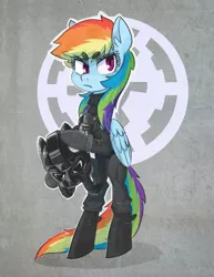 Size: 1016x1318 | Tagged: safe, artist:xieril, derpibooru import, rainbow dash, pegasus, pony, beanbrows, bipedal, boots, clothes, crossover, female, flight suit, galactic empire, gray background, helmet, looking at you, mare, pilot, shoes, simple background, solo, star wars, tie pilot, unamused