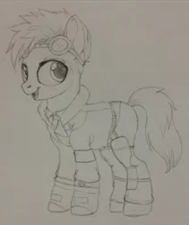 Size: 728x863 | Tagged: artist:astrophysicks, derpibooru import, goggles, monochrome, neptune, ponified, rwby, safe, traditional art