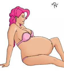 Size: 1280x1425 | Tagged: artist:paunchy-vore, belly, bloated, bra, breasts, cleavage, clothes, derpibooru import, fat, human, humanized, pinkie pie, stuffed, stuffing, suggestive, underwear