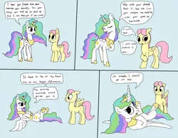 Size: 1839x1428 | Tagged: all the mares tease butterscotch, artist:mspaint, butterscotch, comic, derpibooru import, dialogue, et tu brute, eyes on the prize, fluttershy, /mlp/, on back, presenting, princess celestia, princess molestia, rule 63, sexual harassment, suggestive, teasing, trollestia, wingboner