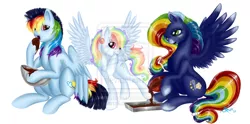 Size: 900x446 | Tagged: artist:tasertail, batter, bowl, brownies, chocolate, derpibooru import, food, mixing bowl, oc, oc:cloud puff, oc:sunrise brisk, oc:white whirl, offspring, parent:rainbow dash, parent:soarin', parents:soarindash, safe, siblings, unofficial characters only, watermark