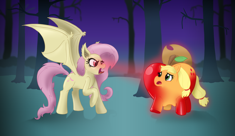 Size: 1551x900 | Tagged: semi-grimdark, artist:redflare500, derpibooru import, applejack, fluttershy, bat pony, earth pony, pony, apple, applejack becoming an apple, bad end, flutterbat, inanimate tf, race swap, stare, transformation, wat