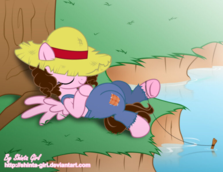 Size: 1024x791 | Tagged: artist:shinta-girl, derpibooru import, fishing, hat, oc, oc:shinta pony, safe, sleeping, solo, straw hat, tree, unofficial characters only