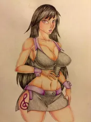 Size: 1536x2056 | Tagged: artist:samaelalighieri, belly button, breasts, busty octavia, cleavage, clothes, derpibooru import, female, human, humanized, miniskirt, octavia melody, side slit, skirt, solo, solo female, suggestive, traditional art