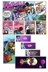 Size: 3000x4500 | Tagged: safe, artist:minkwinsor, derpibooru import, cheese sandwich, derpy hooves, discord, pinkie pie, rainbow dash, twilight sparkle, vinyl scratch, pegasus, pony, balloon, bass cannon, comic, earth shattering kaboom, female, mare, muffin, partillery, party cannon