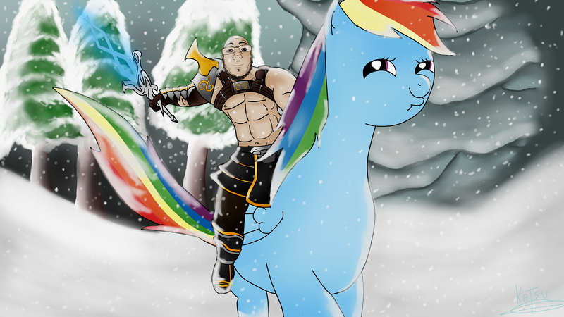 Size: 1920x1080 | Tagged: safe, artist:katsu, derpibooru import, rainbow dash, human, pony, giant pony, riding, riding human, snow, snowfall, sword, weapon