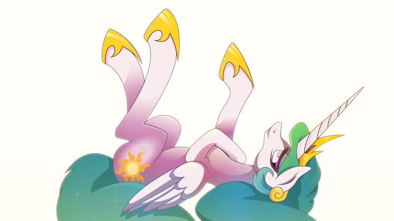 Size: 1920x1080 | Tagged: artist:rariedash, derpibooru import, hooves up, looking at you, on back, princess celestia, safe, smiling, solo, wallpaper