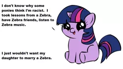 Size: 1194x668 | Tagged: safe, derpibooru import, twilight sparkle, unicorn, zebra, exploitable meme, filly twilight sparkle, filly twilight telling an offensive joke, meme, obligatory pony, out of character, racism, simple background, solo, unicorn twilight, vulgar, white background