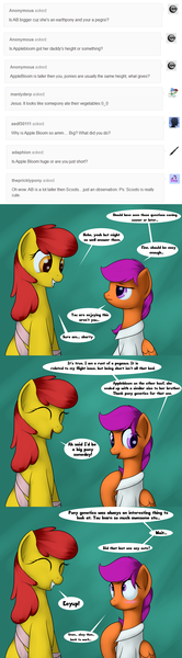 Size: 3600x13050 | Tagged: apple bloom, artist:grennadder, ask, clothes, derpibooru import, lab coat, older, safe, scientist, scientist scoots, scootaloo, tumblr