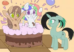 Size: 1280x905 | Tagged: artist:pixelstarpony, birthday, birthday cake, cake, derpibooru import, oc, oc:mercurial keys, oc:pixelstar, oc:xodiaq, pop out cake, safe, unofficial characters only