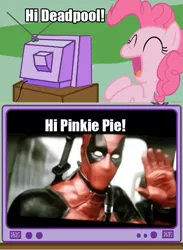 Size: 563x771 | Tagged: breaking the fourth wall, deadpool, derpibooru import, epic win, exploitable meme, fourth wall, meme, obligatory pony, pinkie pie, safe, test footage, trailer leak, tv meme, wade wilson