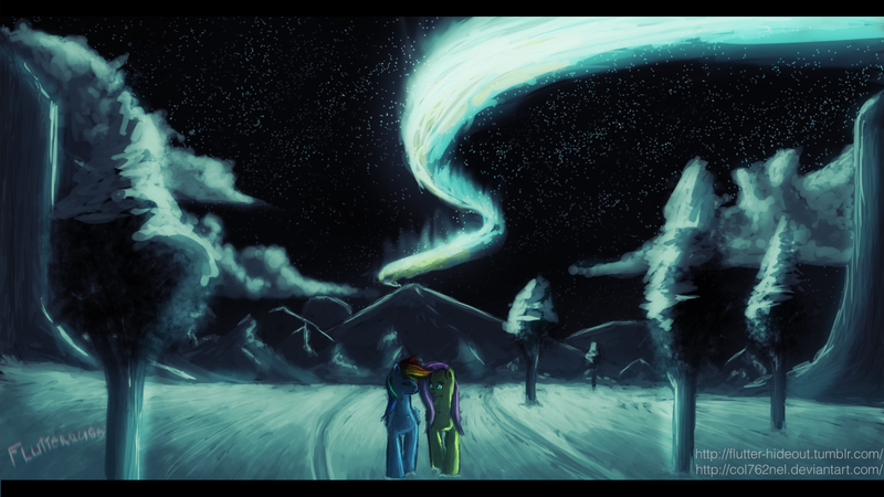 Size: 1920x1080 | Tagged: safe, artist:col762nel, derpibooru import, fluttershy, rainbow dash, female, flutterdash, lesbian, mountain, night, scenery, shipping, snow, tree, walking