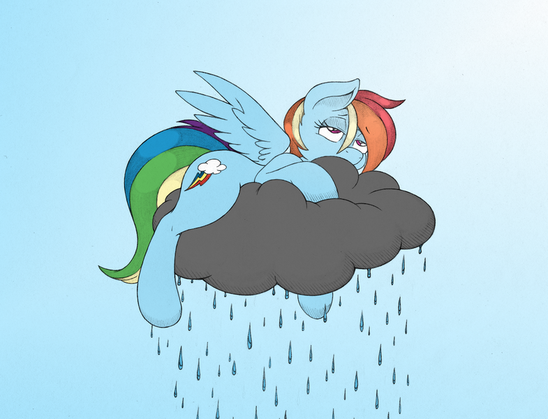 Size: 1232x942 | Tagged: artist:joey darkmeat, artist:shawnyall, cloud, cloud hugging, cloudy, colored, derpibooru import, rain, rainbow dash, sad, safe, solo