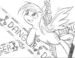 Size: 2180x1700 | Tagged: safe, artist:zaiyaki, derpibooru import, derpy hooves, pegasus, pony, danger, female, flying, mare, monochrome, open mouth, sketch, smiling, solo, spread wings, traditional art
