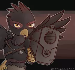 Size: 2000x1875 | Tagged: safe, artist:itspencilguy, derpibooru import, oc, oc:ragini, unofficial characters only, gryphon, fallout equestria, fallout equestria: murky number seven, gun, handgun, image, pistol, png, talon merc