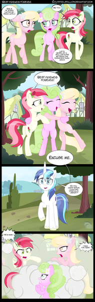 Size: 1000x3150 | Tagged: safe, artist:coltsteelstallion, derpibooru import, daisy, derpy hooves, flower wishes, lily, lily valley, roseluck, shining armor, smarty pants, enderman, pegasus, pony, ball of violence, bipedal, catfight, comic, female, fight, flower trio, group hug, hug, mare, minecraft, shining armor gets all the mares