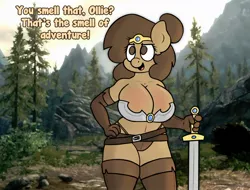 Size: 1280x973 | Tagged: anthro, artist:stunnerpone, belly button, breasts, cleavage, clothes, derpibooru import, evening gloves, female, georgia replies, midriff, oc, oc:georgia lockheart, oc:ollie cotter, skyrim, suggestive, sword, the elder scrolls, unofficial characters only