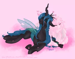 Size: 1943x1533 | Tagged: safe, artist:phathusa, derpibooru import, queen chrysalis, oc, oc:fluffle puff, changeling, changeling queen, earth pony, pony, blushing, canon x oc, chrysipuff, cuddling, eyes closed, female, fluffy, heart, lesbian, mare, photo, prone, quadrupedal, rubbing, shipping, smiling, snuggling