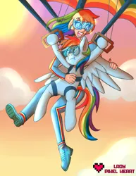 Size: 2975x3850 | Tagged: air ponyville, artist:ladypixelheart, clothes, derpibooru import, goggles, grumpy, human, humanized, human ponidox, jumpsuit, parachute, rainbow dash, safe, skydiving, wing envy