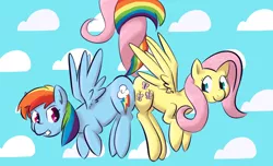 Size: 1150x700 | Tagged: artist:goat train, butt bump, butt to butt, butt touch, derpibooru import, fluttershy, flying, intertwined tails, pegasus promise, rainbow dash, safe, simple background, smiling