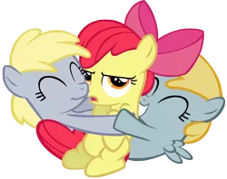 Size: 6128x4847 | Tagged: absurd resolution, apple bloom, artist:mmdfantage, chirpabetes, chirpy hooves, cute, derpabetes, derpibooru import, derpy hooves, hape, hug, non-consensual cuddling, safe, simple background, transparent background, unhappy, vector, younger