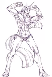 Size: 600x900 | Tagged: abs, anthro, artist:yachimata, buff, derpibooru import, monochrome, muscles, pixiv, safe, sketch, solo, twilight muscle, twilight sparkle