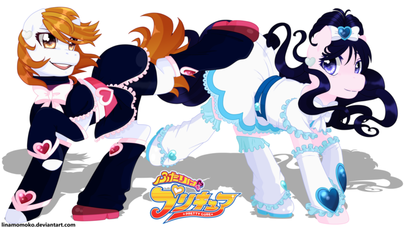 Size: 1189x672 | Tagged: artist:linamomoko, cure black, cure white, derpibooru import, honoka yukishiro, nagisa misumi, ponified, precure, safe, simple background, transparent background