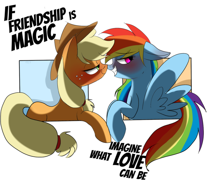 Size: 1280x1109 | Tagged: suggestive, artist:misspolycysticovary, derpibooru import, applejack, rainbow dash, appledash, bedroom eyes, blushing, boop, female, lesbian, noseboop, shipping, shirt design