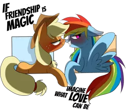 Size: 1280x1109 | Tagged: suggestive, artist:misspolycysticovary, derpibooru import, applejack, rainbow dash, appledash, bedroom eyes, blushing, boop, female, lesbian, noseboop, shipping, shirt design