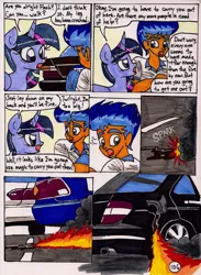 Size: 1386x1895 | Tagged: safe, artist:newyorkx3, derpibooru import, flash sentry, twilight sparkle, twilight sparkle (alicorn), alicorn, human, pony, comic:twilight and the big city, car, comic, female, fire, mare, mercedes-benz, mercedes-benz c-class, mercedes-benz w124, mercedes-benz w204, this will end in explosions, traditional art