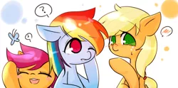 Size: 1372x678 | Tagged: safe, artist:lessue, derpibooru import, applejack, rainbow dash, scootaloo, butterfly, appledash, female, lesbian, shipping