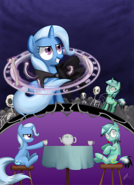 Size: 700x963 | Tagged: semi-grimdark, artist:obcor, derpibooru import, lyra heartstrings, trixie, pony, skeleton pony, unicorn, zombie, :p, bone, context is for the weak, cup, derp, empty eyes, female, glare, grin, hoof hold, levitation, lidded eyes, magic, magic circle, mare, necromancy, no catchlights, no pupils, runes, sitting, skeleton, smiling, smirk, stool, table, tea, teacup, teapot, telekinesis, tongue out