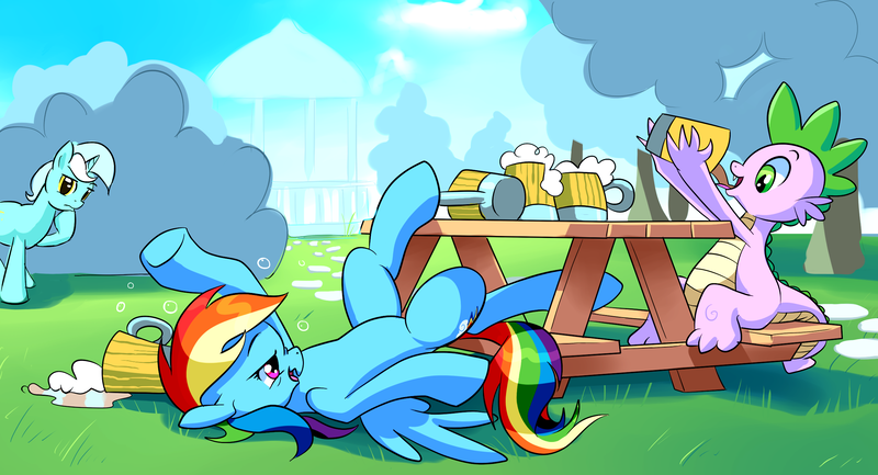 Size: 2447x1325 | Tagged: safe, artist:gsphere, derpibooru import, lyra heartstrings, rainbow dash, spike, dragon, pegasus, pony, unicorn, cider, dashaholic, drunk, drunker dash, female, male, mare, open mouth, picnic, sitting