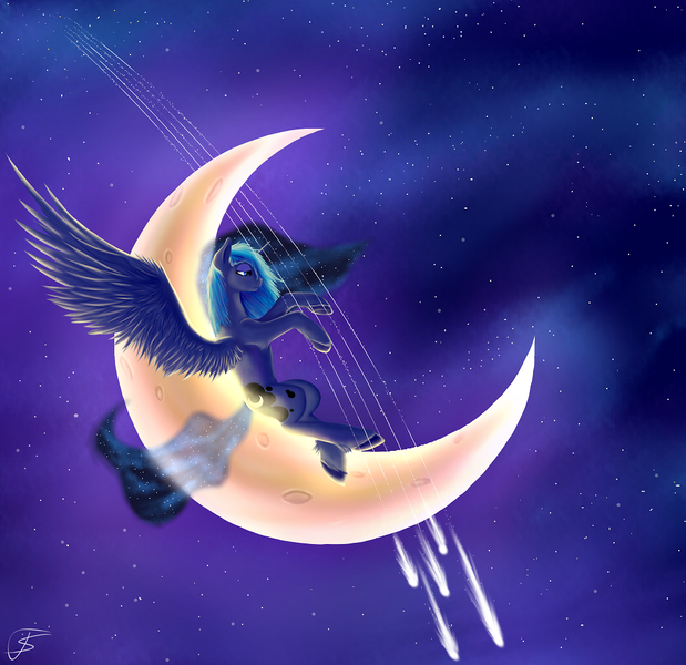 Size: 1000x969 | Tagged: artist:tangosierrag82, crescent moon, derpibooru import, moon, night, princess luna, safe, shooting star, solo, stars, tangible heavenly object, transparent moon