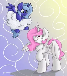 Size: 763x866 | Tagged: safe, artist:luximus17, derpibooru import, princess celestia, princess luna, alicorn, pony, abstract background, cewestia, cloud, duo, filly, looking at each other, on a cloud, pink-mane celestia, raised hoof, royal sisters, sisters, smiling, spread wings, wings, woona, younger