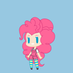 Size: 500x500 | Tagged: animated, artist:khuzang, blue background, chibi, clothes, derpibooru import, dialogue, eyes closed, female, happy, human, humanized, open mouth, overalls, pinkie pie, reaction image, safe, simple background, smiling, socks, solo, striped socks, thank you