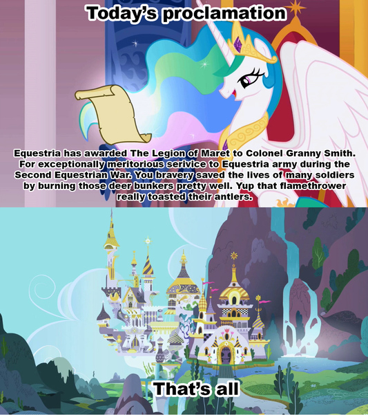 Size: 1021x1149 | Tagged: celestia's proclamation, deer, derpibooru import, exploitable meme, granny smith, meme, princess celestia, safe, simpsons did it, the simpsons, war