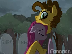 Size: 1400x1050 | Tagged: alternate universe, artist:carranzis, cheese sandwich, dead source, derpibooru import, gravestone, hug, implied death, pinkamena diane pie, pinkie pie, rain, sad, safe, surprise, the rock farmer's daughters, weird al yankovic