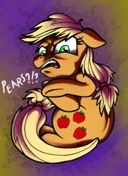 Size: 2802x3854 | Tagged: angry, applejack, artist:verulence, derpibooru import, disgusted, floppy ears, hatless, hilarious in hindsight, missing accessory, pear, safe, sitting, solo, that pony sure does hate pears, upset
