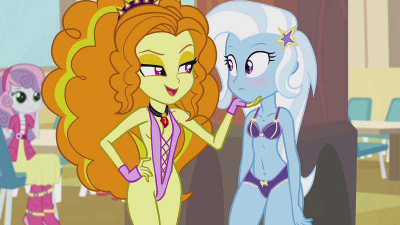 Size: 1280x720 | Tagged: suggestive, derpibooru import, edit, edited screencap, screencap, adagio dazzle, sweetie belle, trixie, equestria girls, rainbow rocks, adagio dazzle gets around, breasts, clothes, editception, female, frilly underwear, gem, lesbian, purple underwear, ribbon, shipping, siren gem, triagio, underwear, underwear edit